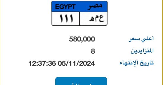 سعر لوحة "ع م هـ- 111" المميزة يصل 580 ألف جنيه و 8 مزايدين 