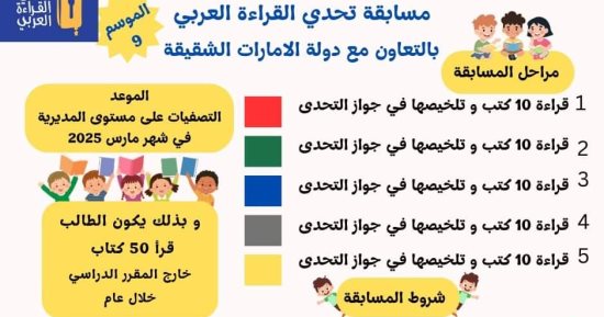 وزارة التعليم توجه الطلاب بالمشاركة فى مسابقة تحدى القراء العربى للموسم التاسع