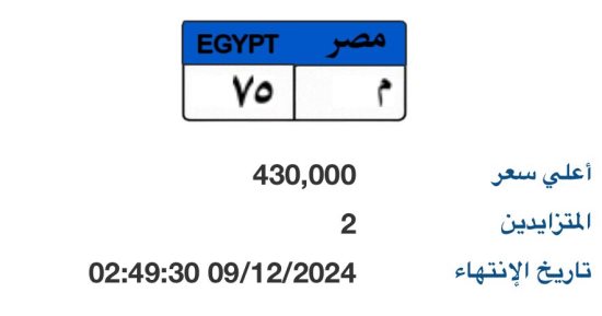 "م - 75" لوحة مميزة بمزاد اللوحات المعدنية بسعر يقترب من نصف مليون جنيه