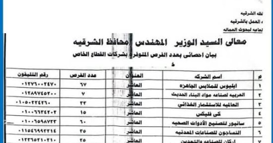 توفير 950 فرصة عمل بالقطاع الخاص فى الشرقية