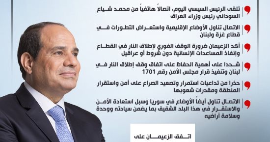 بحثا أوضاع سوريا ولبنان وغزة.. الرئيس السيسى يتلقى اتصالا من رئيس وزراء العراق (إنفوجراف)