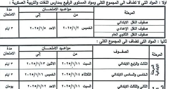 جداول امتحانات النقل والشهادات المحلية بشمال سيناء للفصل الدراسى الأول 2024/2025