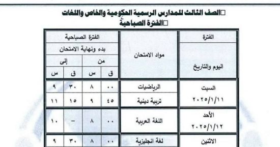 جداول امتحانات المرحلة الابتدائية للفصل الدراسى الأول فى المنيا