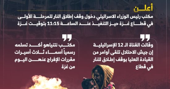 تفاصيل دخول وقف إطلاق النار فى غزة حيز التنفيذ (إنفوجراف)