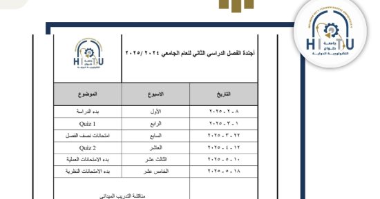 جامعة حلوان التكنولوجية الدولية تعلن أجندة الفصل الدراسي الثاني