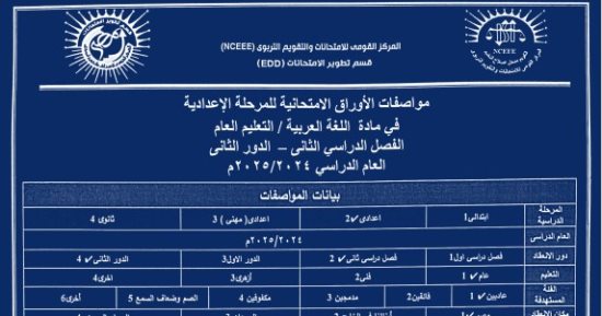 مواصفة امتحان العربى بمنهج أولى إعدادى المطور للفصل الدراسى الثانى 2025