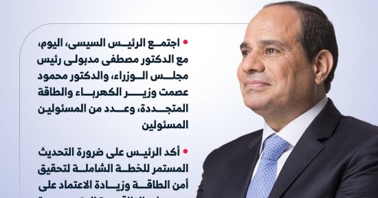 الرئيس السيسى يوجه بتسريع استكمال منظومة التغذية الكهربائية لـ"الدلتا الجديدة" (إنفوجراف)