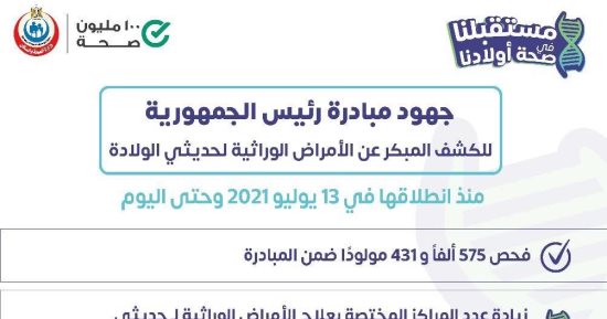 وزارة الصحة: فحص 575 ألف طفل ضمن مبادرة الكشف المبكر عن الأمراض الوراثية