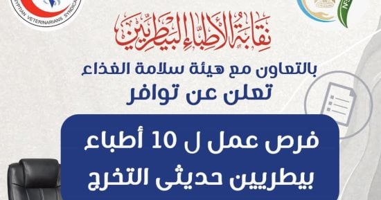 نقابة الأطباء البيطريين تعلن عن فرص عمل بهيئة سلامة الغذاء لحديثى التخرج