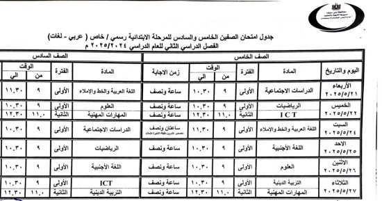 جداول امتحانات النقل والشهادة الإعدادية للفصل الدراسى الثانى ببنى سويف
