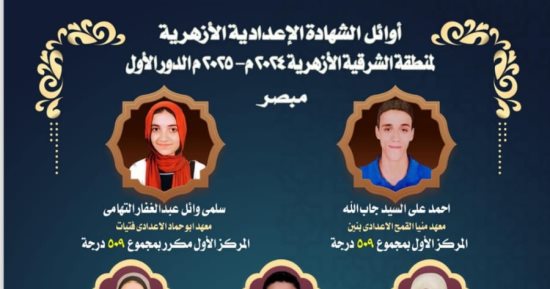 أسماء أوائل الشهادة الإعدادية الأزهرية 2025 بمنطقة الشرقية