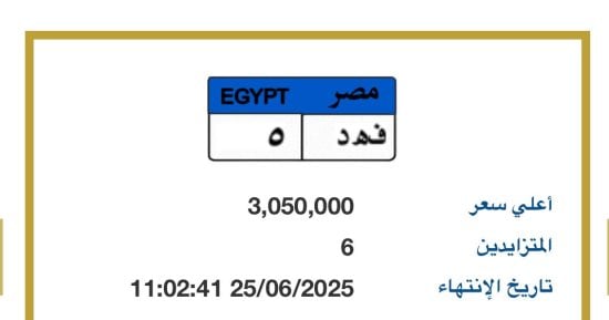 سعر "فهد- 5" يتخطى 3 ملايين جنيه فى مزاد اللوحات المميزة للسيارات
