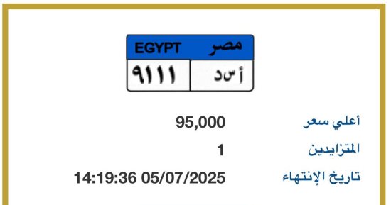 "أسد - 9111" أرخص لوحة سيارة مميزة مطروحة بالمزاد.. اعرف سعرها  
