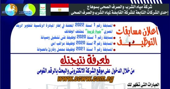 مياه الشرب بسوهاج تعلن أسماء المقبولين بمسابقات التوظيف