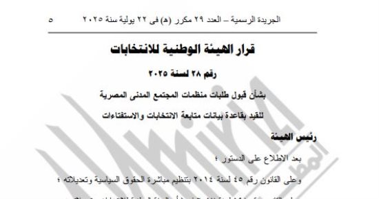 الهيئة الوطنية للانتخابات تقيد 4 منظمات مدنى محلية لمتابعة انتخابات مجلس الشيوخ