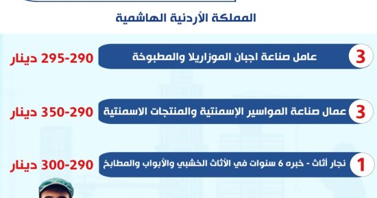 وزارة العمل: فرص عمل جديدة فى الأردن براتب يصل إلى 550 دينارا