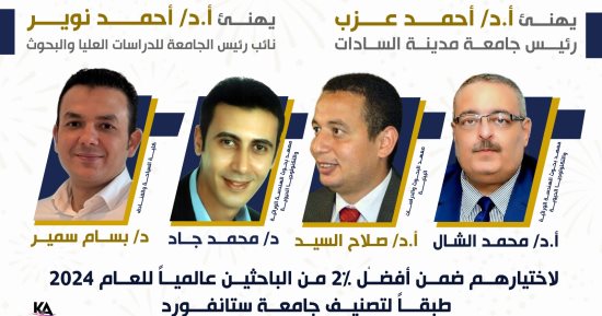 إدراج 4 من أساتذة جامعة السادات ضمن أفضل 2% من علماء العالم 