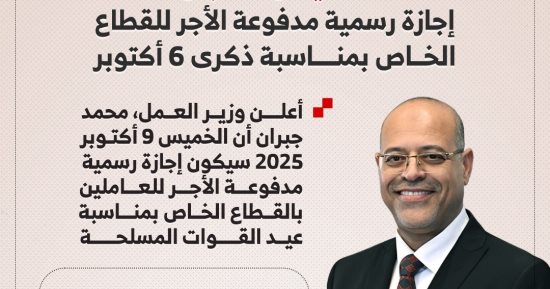 الخميس إجازة مدفوعة الأجر للعاملين بالقطاع الخاص بمناسبة 6 أكتوبر.. إنفوجراف