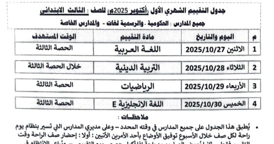 جدول التقييم الشهرى لطلاب الصف الثالث الابتدائي أكتوبر 2025 فى سوهاج