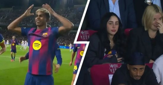 لامين يامال يحتفل مع صديقته فى المدرجات بعد هدفه الأول بدورى الأبطال.. صور