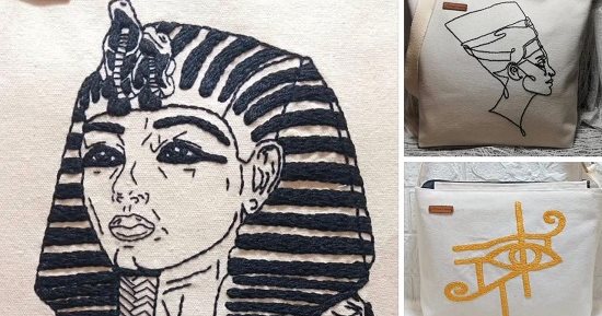 أسماء زينت الحقائب بالوجوه والحروف المصرية القديمة.. رسمتها بالخيوط