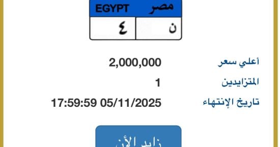 متزايد واحد بمزاد اللوحات المميزة على لوحة ن - 4 يرفع سعرها لـ2 مليون جنيه