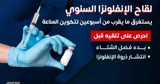 وزارة الصحة: لقاح الإنفلونزا السنوى يستغرق ما يقرب من أسبوعين لتكوين المناعة 