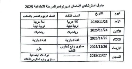 جدول امتحان شهر نوفمبر لطلاب ابتدائى وإعدادى وثانوى فى الجيزة
