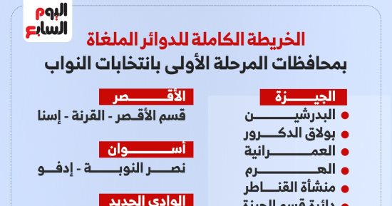 الخريطة الكاملة للدوائر الملغاة بالمرحلة الأولى لانتخابات النواب.. إنفوجراف