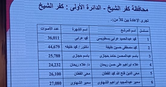 ننشر أسماء الفائزين والإعادة بدوائر كفر الشيخ بانتخابات النواب