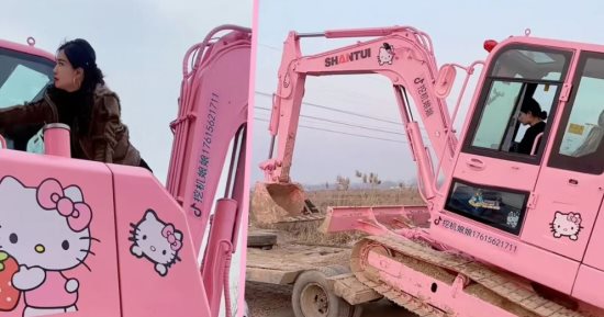 سائقة صينية تطلى حفارتها باللون الوردى على طراز دمية هيلو كيتى.. فيديو