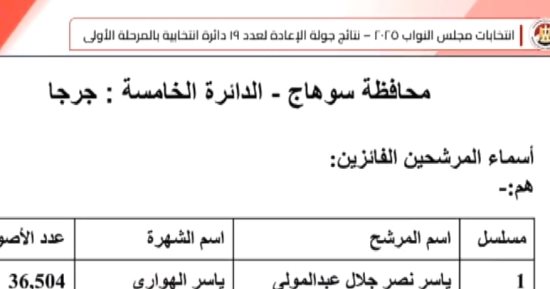 فوز محمود أبو خروف وياسر الهوارى بمقعدى مجلس النواب بجرجا سوهاج