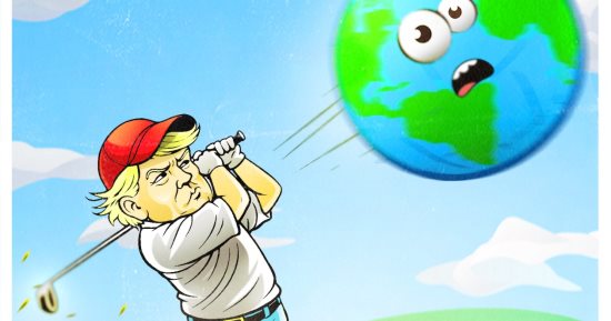 ترامب يلعب الجولف بالكرة الأرضية بعد أزمة فنزويلا في كاريكاتير اليوم السابع