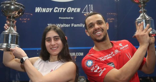 وزير الرياضة يهنئ نور الشربينى ومصطفى عسل بعد التتويج ببطولة الاسكواش