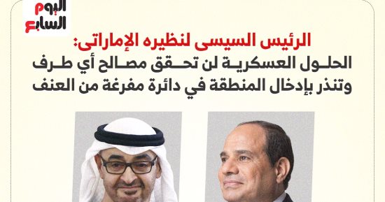 الرئيس السيسى لنظيره الإماراتى: الحلول العسكرية لن تحقق مصالح أي طرف.. إنفوجراف