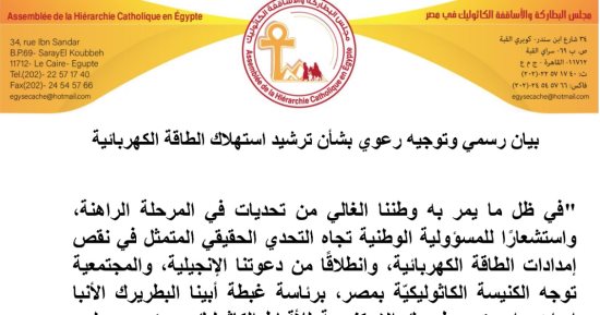 بطريرك الأقباط الكاثوليك يدعو لترشيد الكهرباء: تضامن وطني لمواجهة أزمة الطاقة