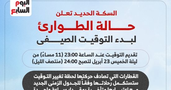 السكة الحديد تعلن حالة الطوارئ لبدء التوقيت الصيفى الليلة.. انفوجراف