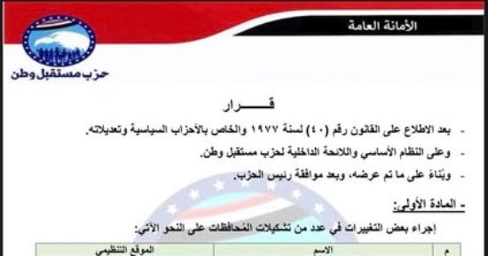 مستقبل وطن يجري تغييرات تنظيمية في تشكيلات المحافظات ويعلن أسماء الأمناء الجدد