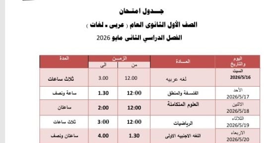 جدول امتحان الفصل الدراسى الثانى لطلاب الصف الأول الثانوى فى الجيزة