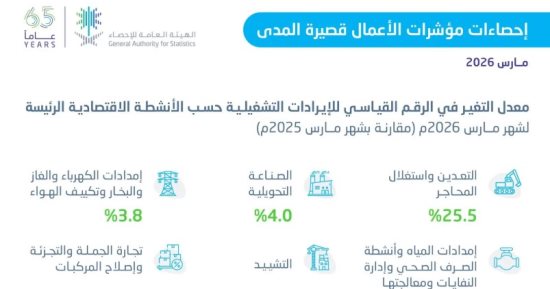 الإحصاء السعودية: ارتفاع الإيرادات التشغيلية للأعمال قصيرة المدى بنسبة 10.2% 