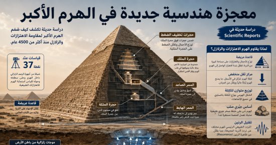 معجزة هندسية جديدة في الهرم الأكبر.. دراسة حديثة تكشف كيف ساعدت خصائصه المعمارية على الصمود أمام الاهتزازات والزلازل عبر آلاف السنين.. وتفتح بابًا لفهم عبقرية المصريين القدماء فى البناء وتوزيع الكتلة والأحمال