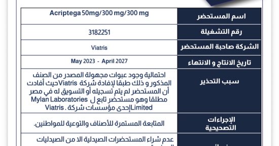 هيئة الدواء المصرية تحذر من عبوات مجهولة المصدر لمستحضر “Acriptega”