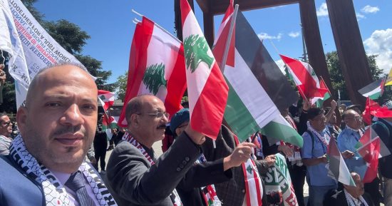 وقفة تضامنية احتفالا بانتصار فلسطين فى منظمة العمل الدولية أمام مقر الأمم المتحدة بجنيف