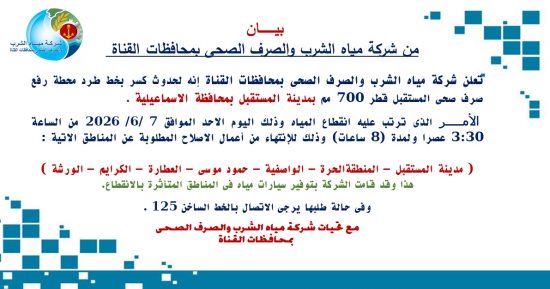 انقطاع المياه عن 7 مناطق بمدينة المستقبل بالإسماعيلية.. اعرف السبب
