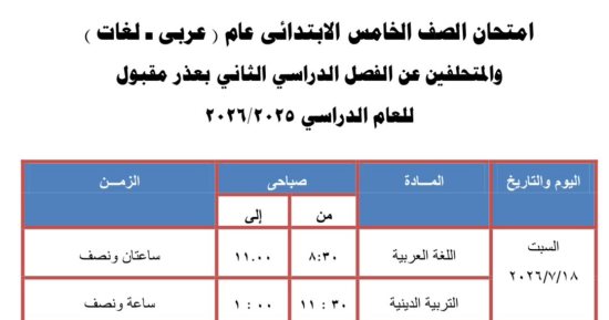 جدول امتحانات الصف الخامس الابتدائى الدور الثانى 2026 فى الجيزة