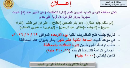 محافظة الوادي الجديد تعلن عن تأجير 5 غابات شجر بقرى الفرافرة.. تفاصيل