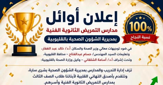 نجاح 100% بمدارس التمريض الثانوية الفنية بالقليوبية.. وهذه قائمة الأوائل