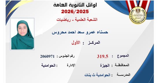 حافظة للقرآن الكريم.. الأولى على الجمهورية علمي رياضة: هدفى الالتحاق بكلية الهندسة