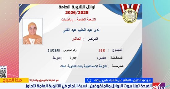طايرة من الفرحة.. ندى عبد الحليم العاشرة على علمي رياضة: عائلتى أكبر داعم