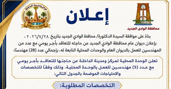 فرصة عمل للمهندسين بالوادي الجديد.. التفاصيل والشروط الكاملة